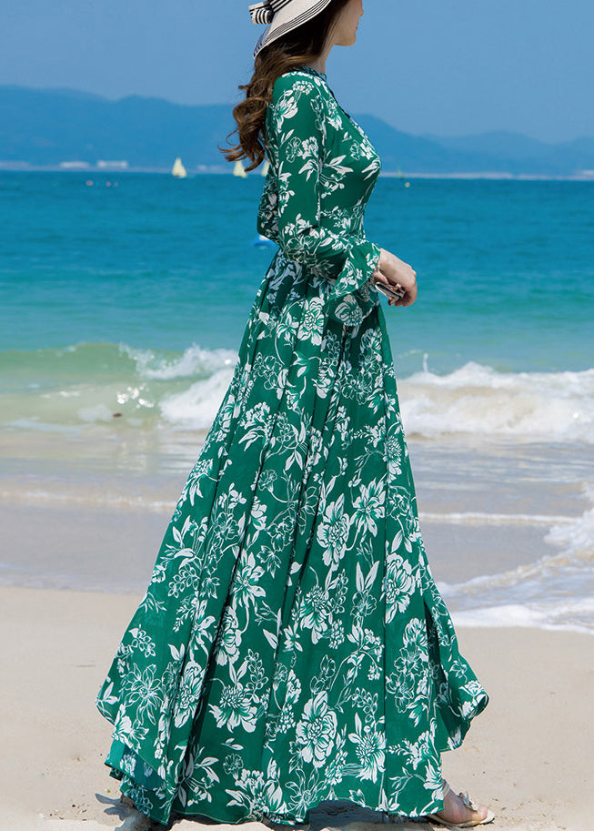 Momentlover Slim Fit Green Turtleneck Print Chiffon Long Beach A Line Dresses Spring LY1726