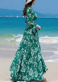 Momentlover Slim Fit Green Turtleneck Print Chiffon Long Beach A Line Dresses Spring LY1726