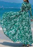Momentlover Slim Fit Green Turtleneck Print Chiffon Long Beach A Line Dresses Spring LY1726