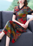 Momentlover Slim Fit Red V Neck Print Chinese Button Silk Dresses Summer LY1697