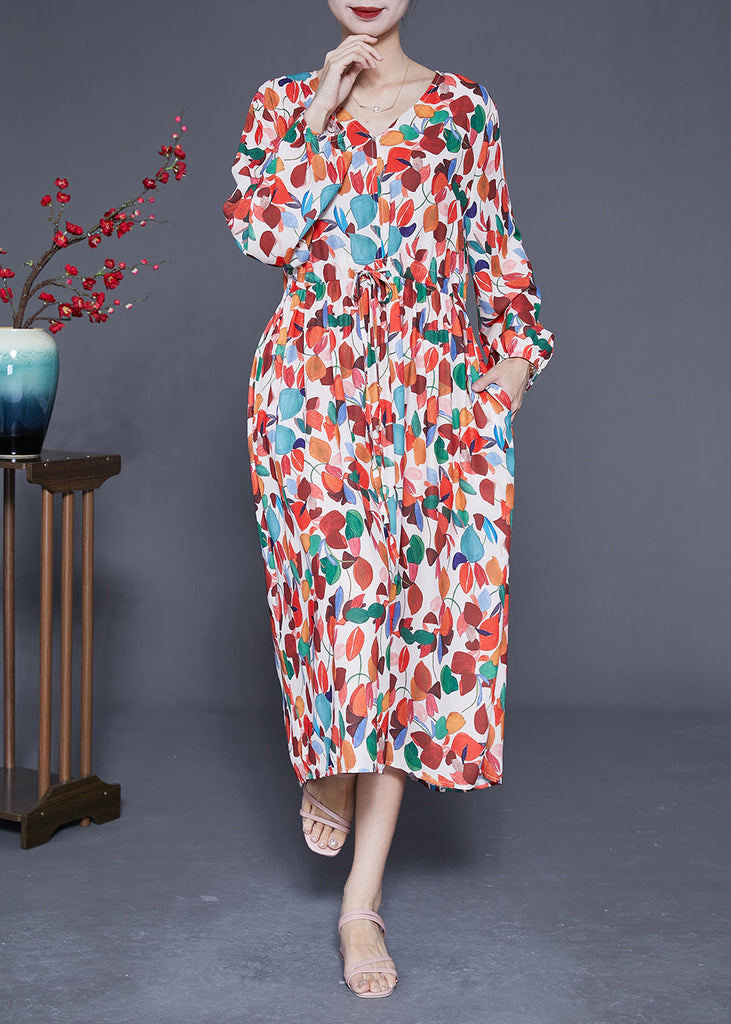 Momentlover Style Orange V Neck Tie Waist Print Chiffon Maxi Dresses Spring LY1956