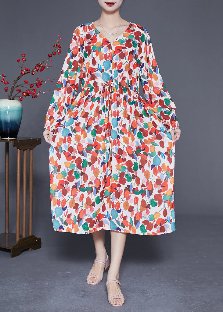 Momentlover Style Orange V Neck Tie Waist Print Chiffon Maxi Dresses Spring LY1956