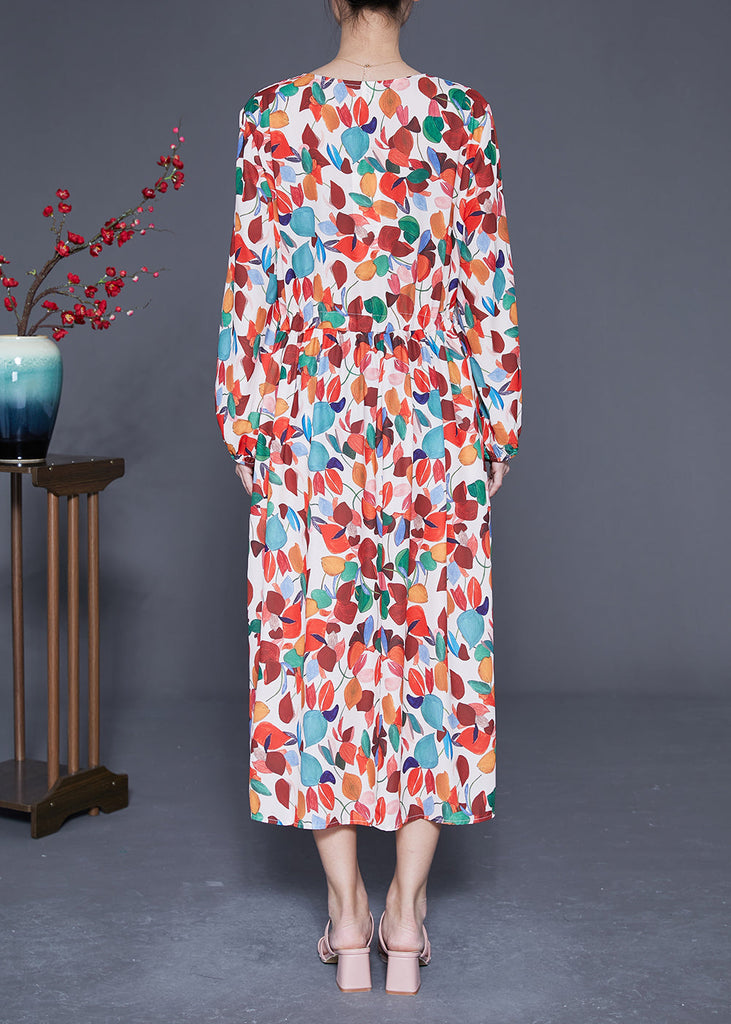 Momentlover Style Orange V Neck Tie Waist Print Chiffon Maxi Dresses Spring LY1956
