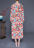 Momentlover Style Orange V Neck Tie Waist Print Chiffon Maxi Dresses Spring LY1956