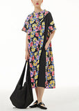 Momentlover Stylish Black Stand Collar Print Patchwork Cotton Dresses Summer LY1246