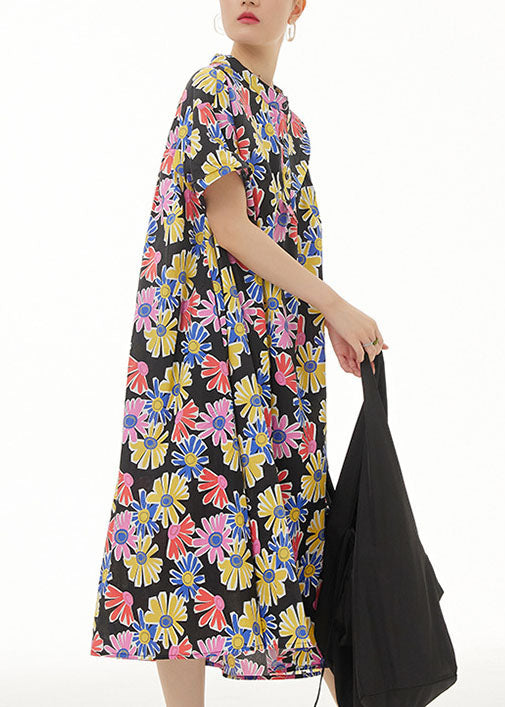 Momentlover Stylish Black Stand Collar Print Patchwork Cotton Dresses Summer LY1246