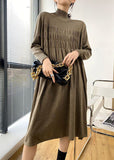 Momentlover Stylish Khaki High Neck Oversized Wrinkled Knit Dresses Spring LY1492