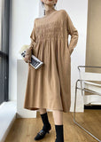 Momentlover Stylish Khaki High Neck Oversized Wrinkled Knit Dresses Spring LY1492