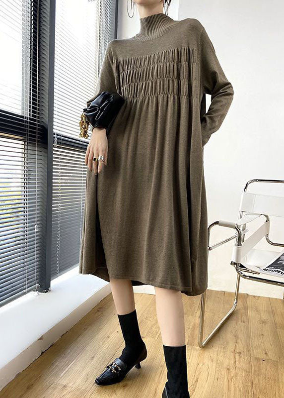 Momentlover Stylish Khaki High Neck Oversized Wrinkled Knit Dresses Spring LY1492
