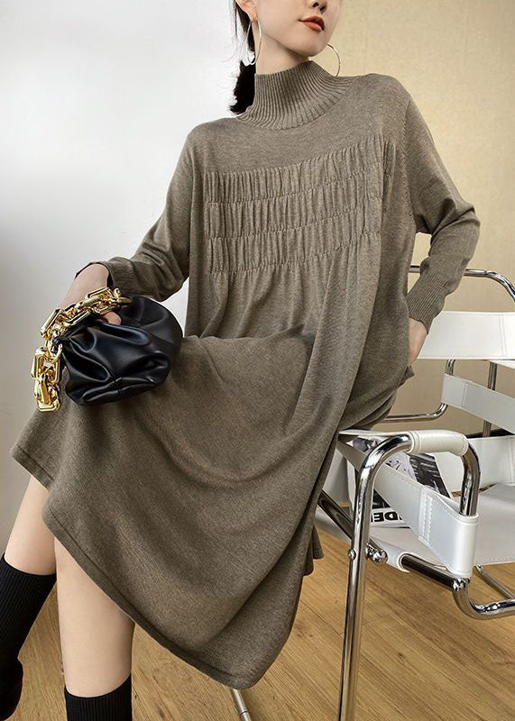 Momentlover Stylish Khaki High Neck Oversized Wrinkled Knit Dresses Spring LY1492