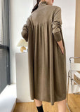 Momentlover Stylish Khaki High Neck Oversized Wrinkled Knit Dresses Spring LY1492