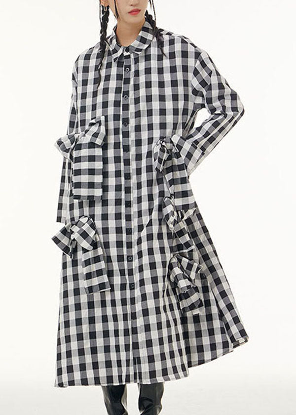 Momentlover Stylish Plaid Peter Pan Collar Bow Patchwork Cotton Shirts Dresses Spring LY1166