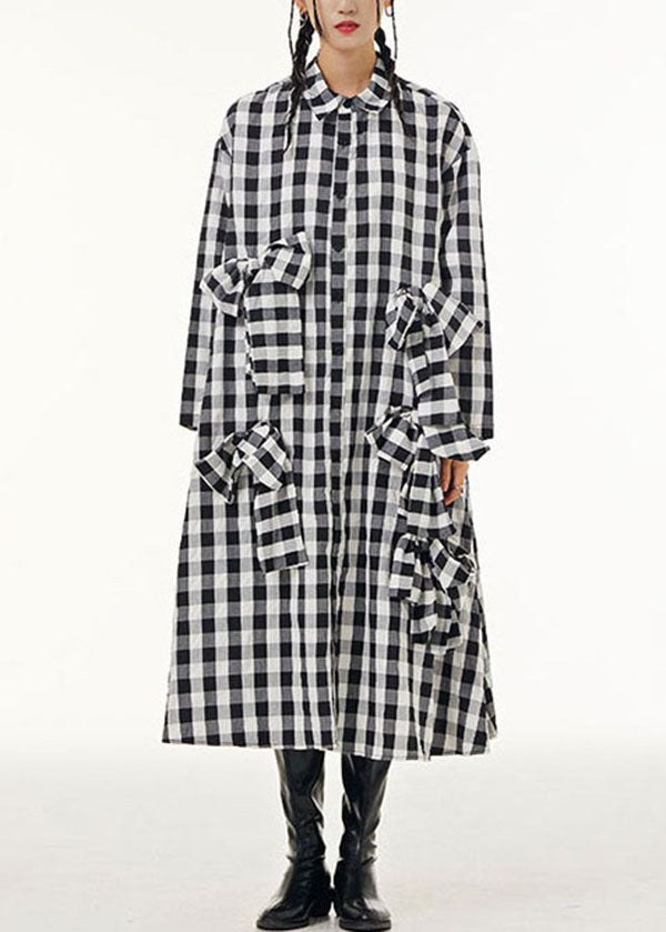 Momentlover Stylish Plaid Peter Pan Collar Bow Patchwork Cotton Shirts Dresses Spring LY1166