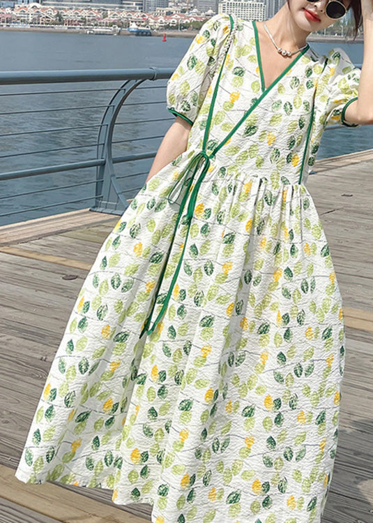 Momentlover Stylish V Neck Print Wrinkled Patchwork Long Dresses Short Sleeve LY1724