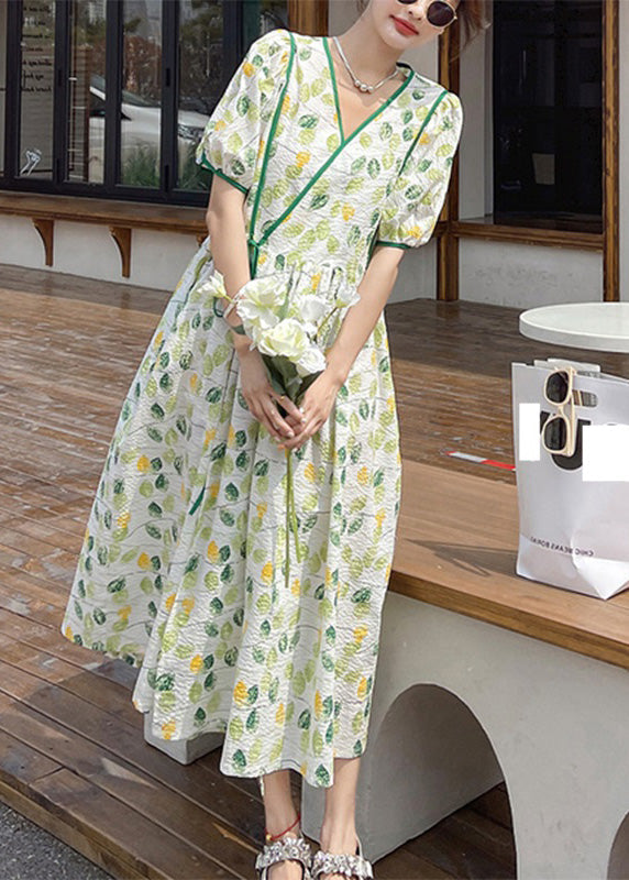 Momentlover Stylish V Neck Print Wrinkled Patchwork Long Dresses Short Sleeve LY1724