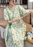 Momentlover Stylish V Neck Print Wrinkled Patchwork Long Dresses Short Sleeve LY1724