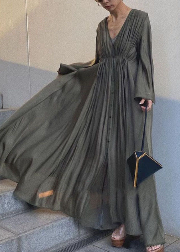 Momentlover Unique Army Green Cinched Patchwork Cotton Long Dresses Flare Sleeve LY1712