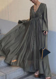 Momentlover Unique Army Green Cinched Patchwork Cotton Long Dresses Flare Sleeve LY1712
