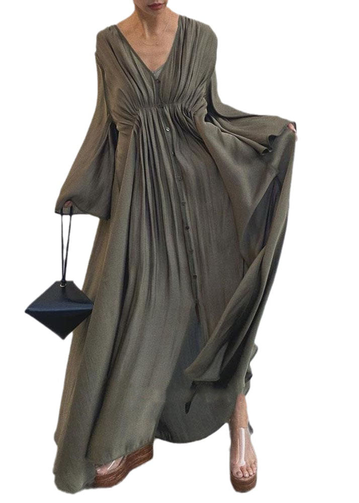 Momentlover Unique Army Green Cinched Patchwork Cotton Long Dresses Flare Sleeve LY1712