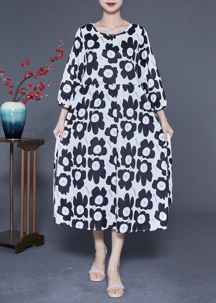 Momentlover Unique Black O-Neck Sunflower Print Silk Dresses Bracelet Sleeve LY1927