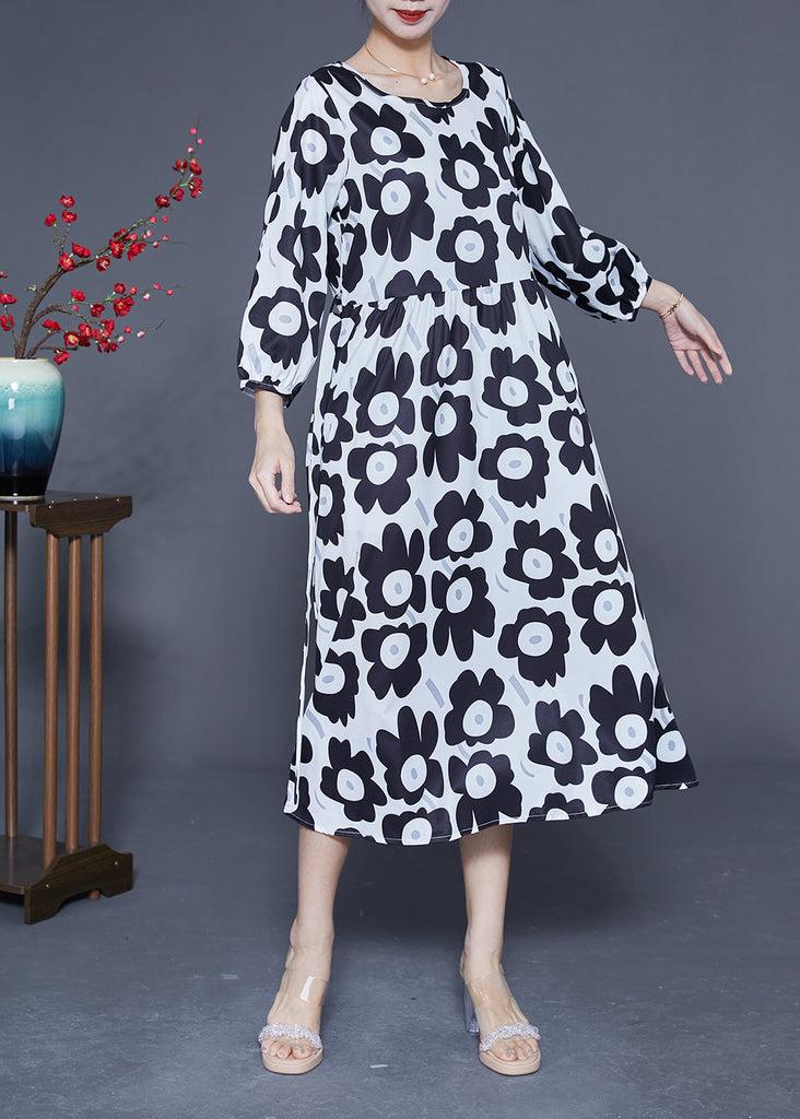 Momentlover Unique Black O-Neck Sunflower Print Silk Dresses Bracelet Sleeve LY1927