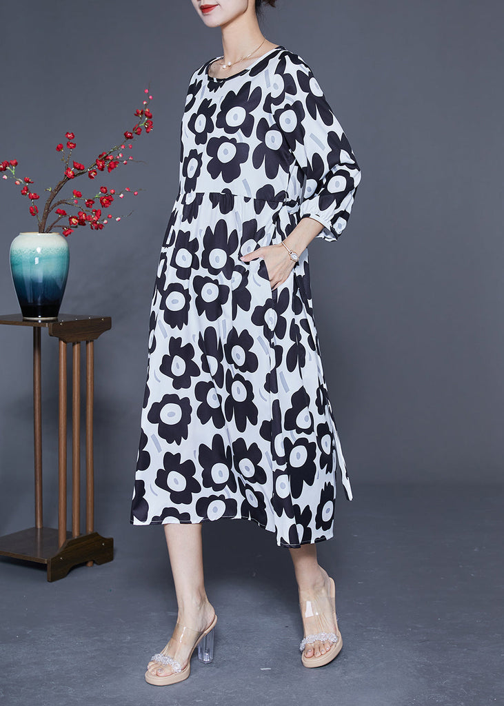 Momentlover Unique Black O-Neck Sunflower Print Silk Dresses Bracelet Sleeve LY1927