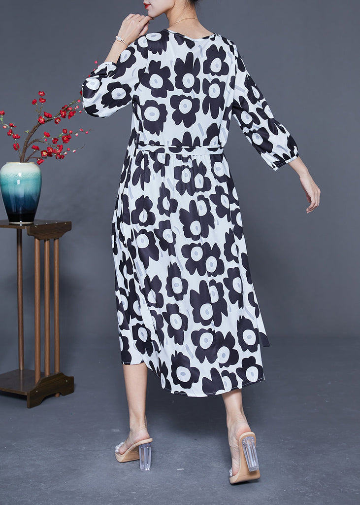 Momentlover Unique Black O-Neck Sunflower Print Silk Dresses Bracelet Sleeve LY1927