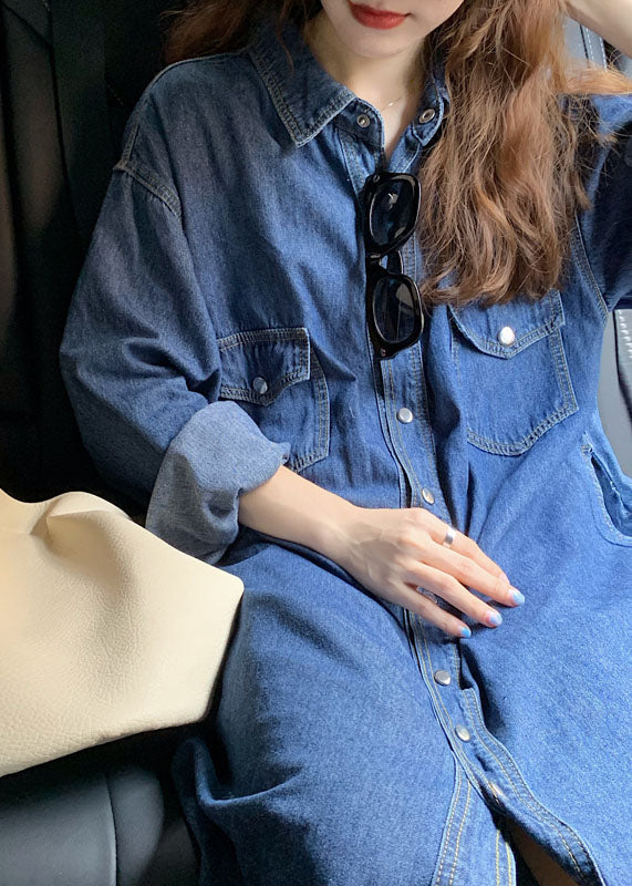 Momentlover Unique Blue Peter Pan Collar Patchwork Denim Shirts Dresses Spring LY1774