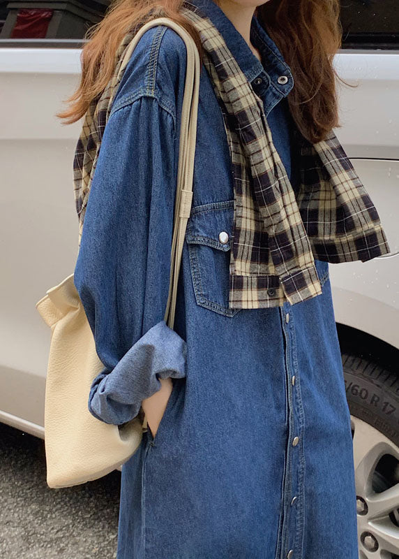 Momentlover Unique Blue Peter Pan Collar Patchwork Denim Shirts Dresses Spring LY1774