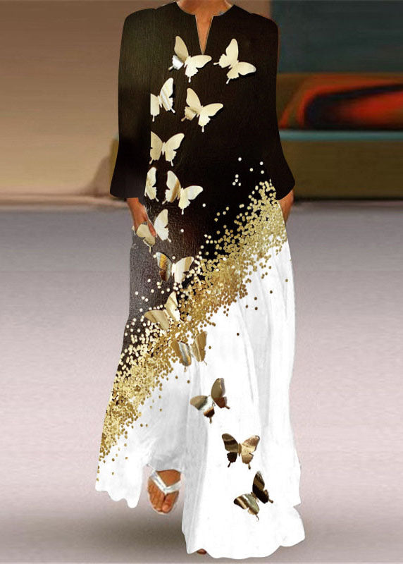 Momentlover Unique Butterfly Print Pockets Chiffon Maxi Dresses Long Sleeve LY1927