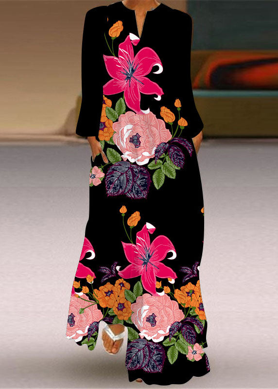 Momentlover Unique Butterfly Print Pockets Chiffon Maxi Dresses Long Sleeve LY1927