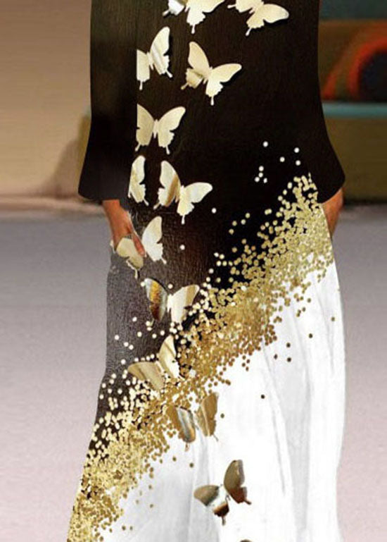 Momentlover Unique Butterfly Print Pockets Chiffon Maxi Dresses Long Sleeve LY1927