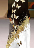 Momentlover Unique Butterfly Print Pockets Chiffon Maxi Dresses Long Sleeve LY1927