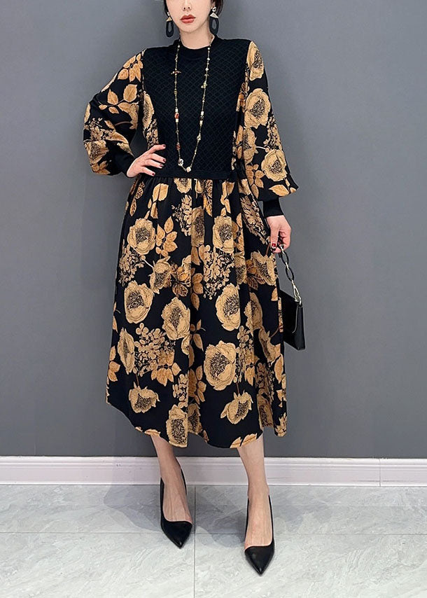 Momentlover Unique Khaki Print Knit Patchwork Chiffon Dresses Lantern Sleeve LY1596