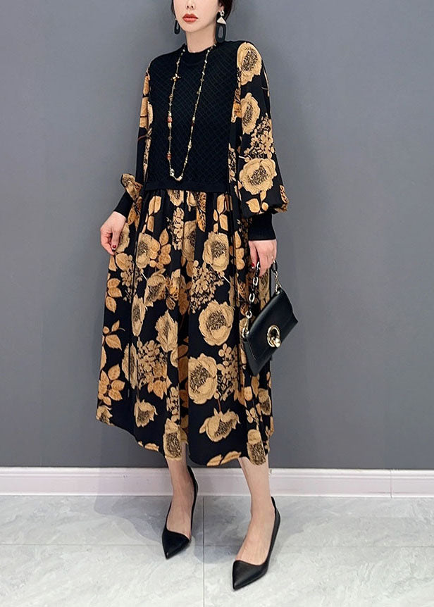 Momentlover Unique Khaki Print Knit Patchwork Chiffon Dresses Lantern Sleeve LY1596