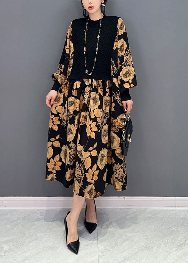 Momentlover Unique Khaki Print Knit Patchwork Chiffon Dresses Lantern Sleeve LY1596