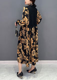 Momentlover Unique Khaki Print Knit Patchwork Chiffon Dresses Lantern Sleeve LY1596