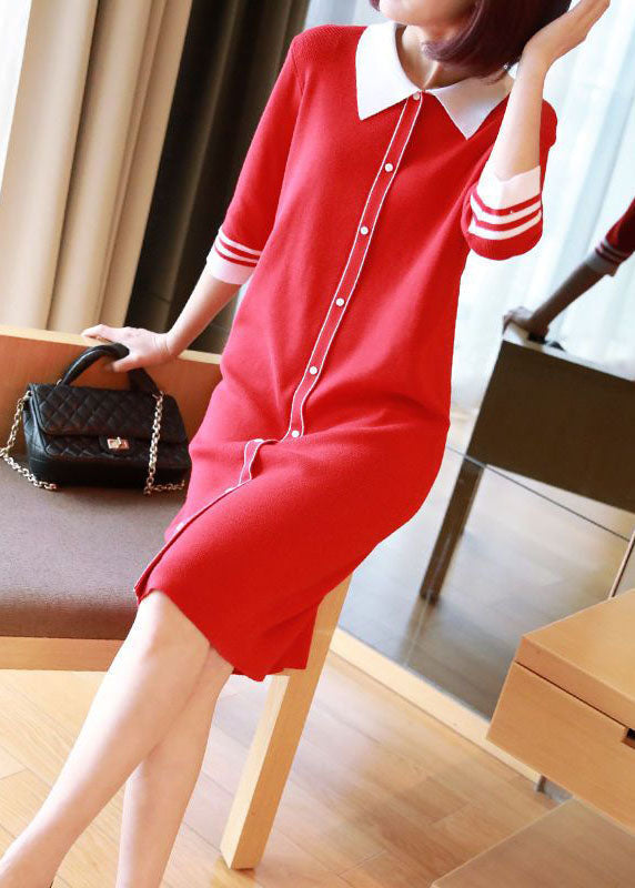 Momentlover Unique Red Peter Pan Collar Button Knit Dresses Half Sleeve LY1446