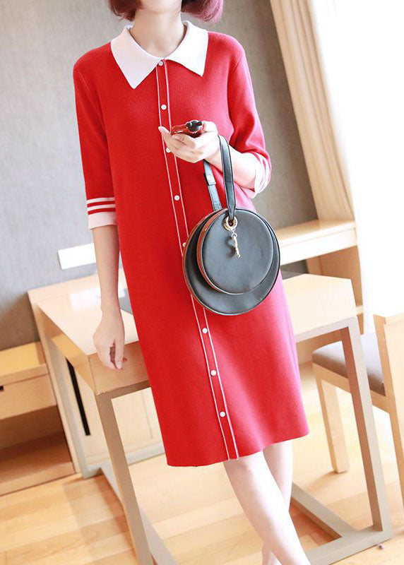 Momentlover Unique Red Peter Pan Collar Button Knit Dresses Half Sleeve LY1446