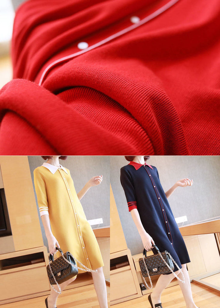 Momentlover Unique Red Peter Pan Collar Button Knit Dresses Half Sleeve LY1446