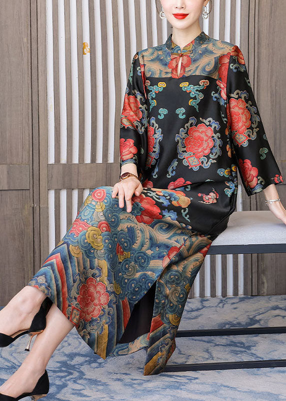Momentlover Vintage Black Mandarin Collar Print Silk Long Dresses Bracelet Sleeve LY1716