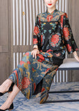 Momentlover Vintage Black Mandarin Collar Print Silk Long Dresses Bracelet Sleeve LY1716