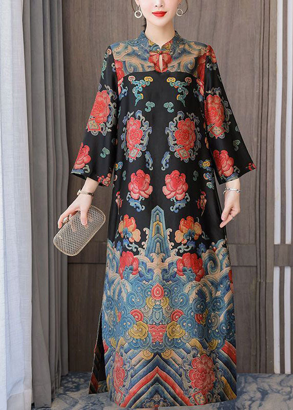 Momentlover Vintage Black Mandarin Collar Print Silk Long Dresses Bracelet Sleeve LY1716