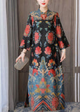 Momentlover Vintage Black Mandarin Collar Print Silk Long Dresses Bracelet Sleeve LY1716