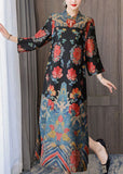 Momentlover Vintage Black Mandarin Collar Print Silk Long Dresses Bracelet Sleeve LY1716