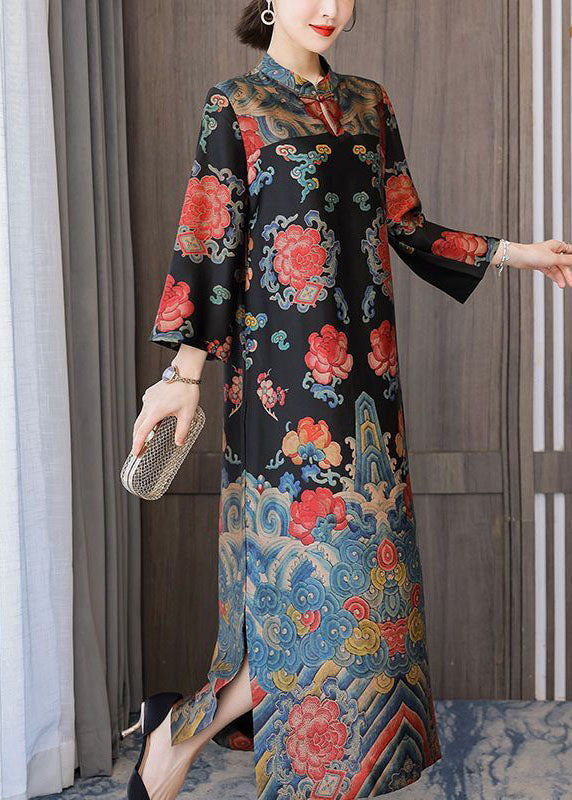 Momentlover Vintage Black Mandarin Collar Print Silk Long Dresses Bracelet Sleeve LY1716