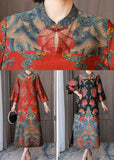 Momentlover Vintage Black Mandarin Collar Print Silk Long Dresses Bracelet Sleeve LY1716
