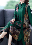 Momentlover Vintage Green Print Chinese Button Silk Fake Two Piece Oriental Dresses Spring LY1724