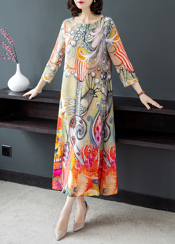 Momentlover Vintage O-Neck Print Silk Vacation Long Dresses Long Sleeve LY1792