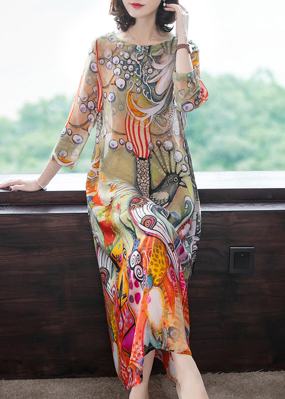 Momentlover Vintage O-Neck Print Silk Vacation Long Dresses Long Sleeve LY1792